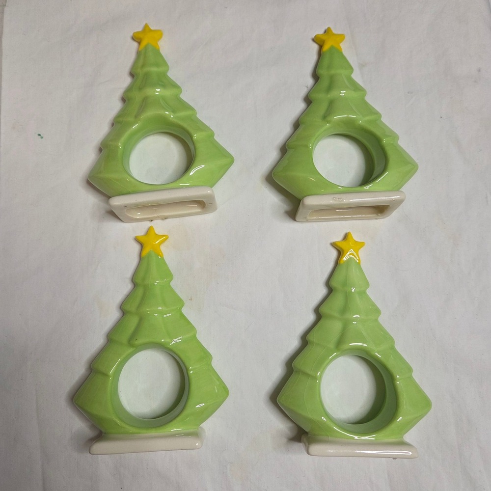 Set of 4 Ceramic Christmas Tree Napkin Rings Holders Light‎ Green Gold Star Top